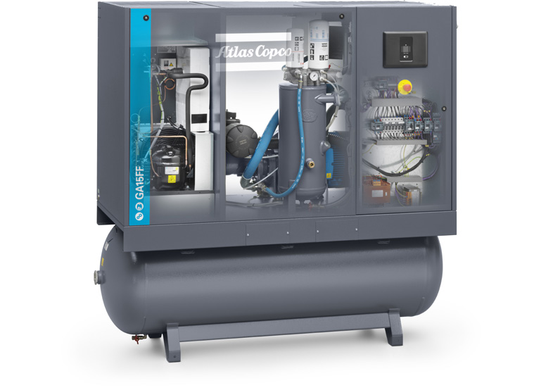 Atlas Copco GA 15 FF industrikompressor med öppen huv och tryckluftstank
