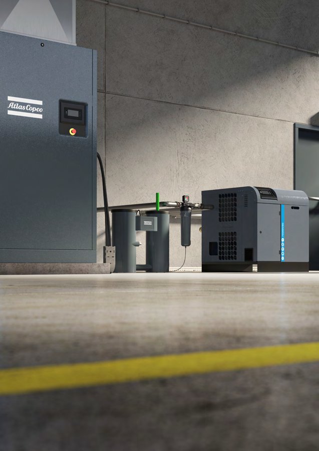 Atlas Copco kyltork och filter installerade intill en skruvkompressor