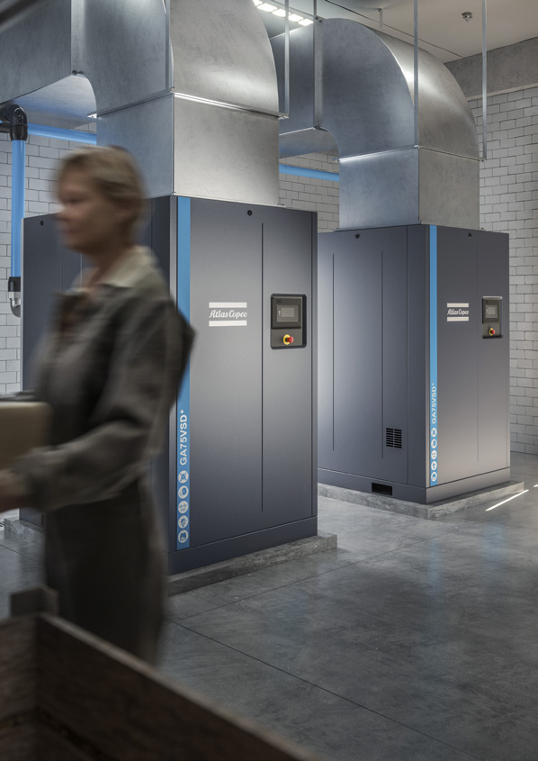 Två Atlas Copco GA 75 VSD+ kompressorer i en tryckluftscentral